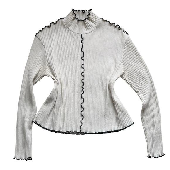 Mango MNG Ribbed Long Sleeve T-Shirt Cream Black Lettuce Edge Trim Mock Neck XS - Picture 1 of 13